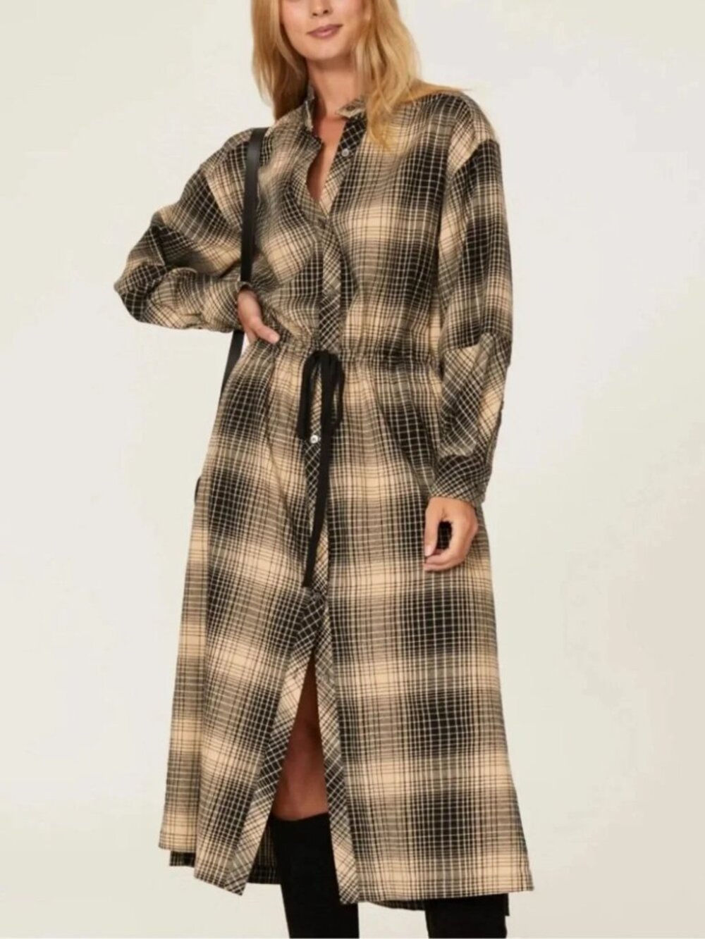 JOIE Ardine Plaid Flannel shirt dress - FALL Perfection Midi Black Tan Button Up - Picture 13 of 16